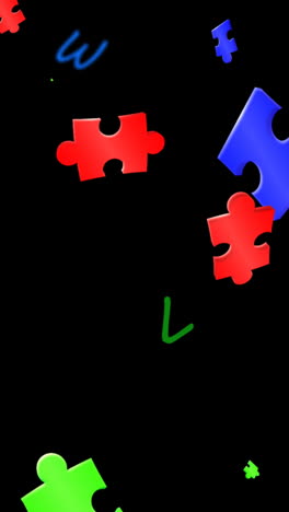 animation of blue, green and red puzzles floating over black background