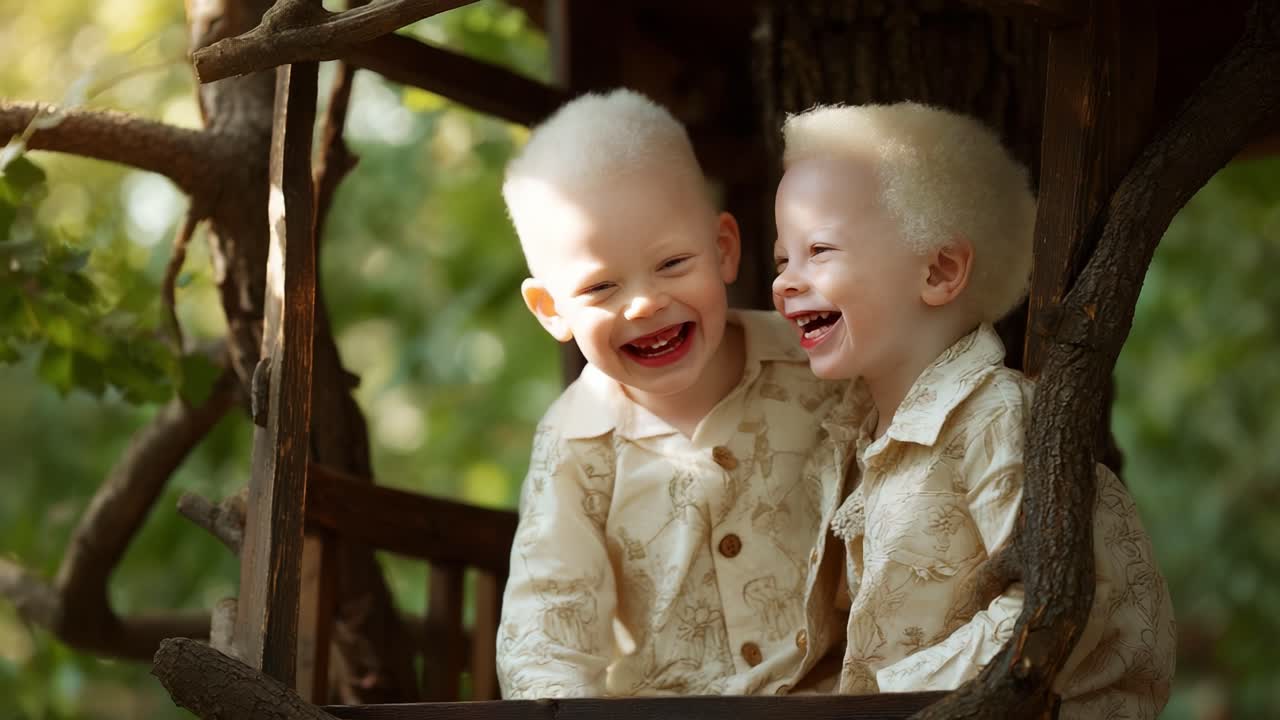 Joyful Moment: Two Young Children Share Laughter in a Treehouse, Captured in a Delightful Scene Filled with Nature's Beauty and Childhood Innocence