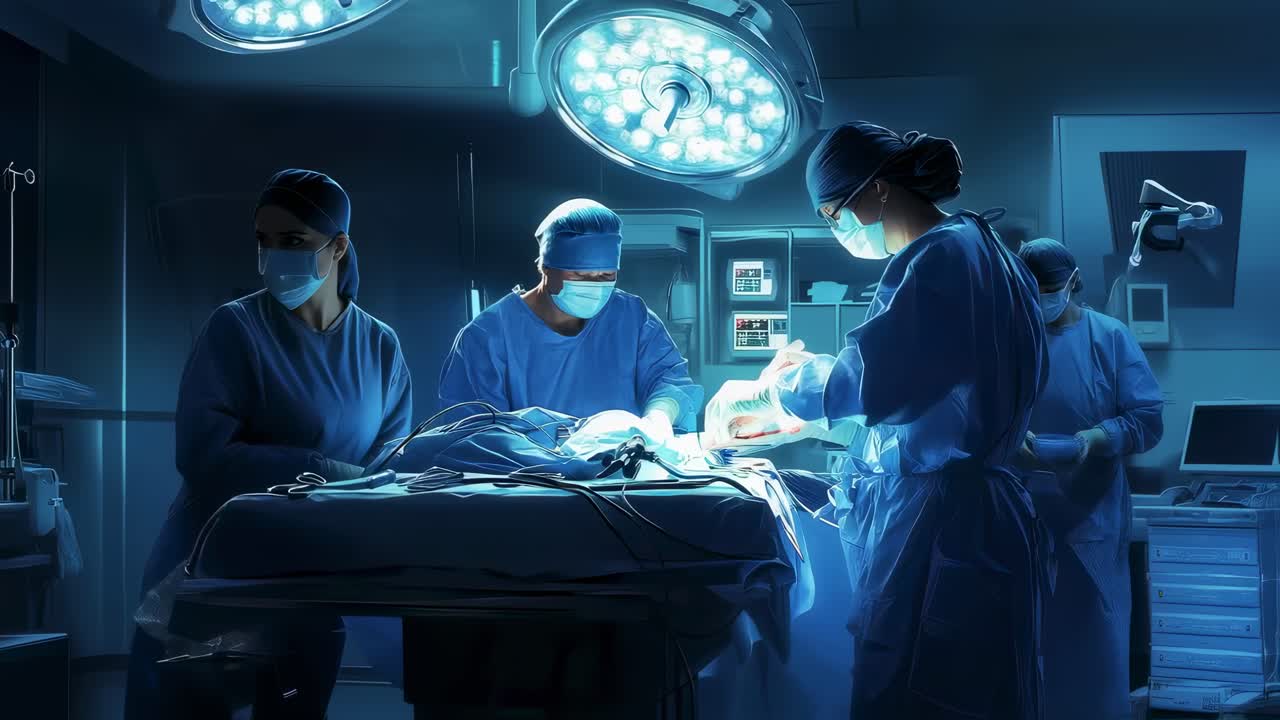 Surgical team performing intricate medical procedure, focused surgeons working carefully near bright operating room lights, maintaining strict sterile conditions during complex intervention