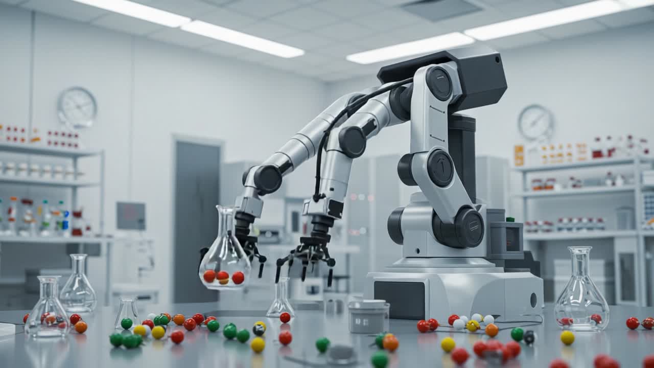 A Sophisticated Robotic Arm Engaged in Precision Handling of Colorful Spheres Within a Modern Laboratory Setting, Showcasing Advanced Automation and Science Integration