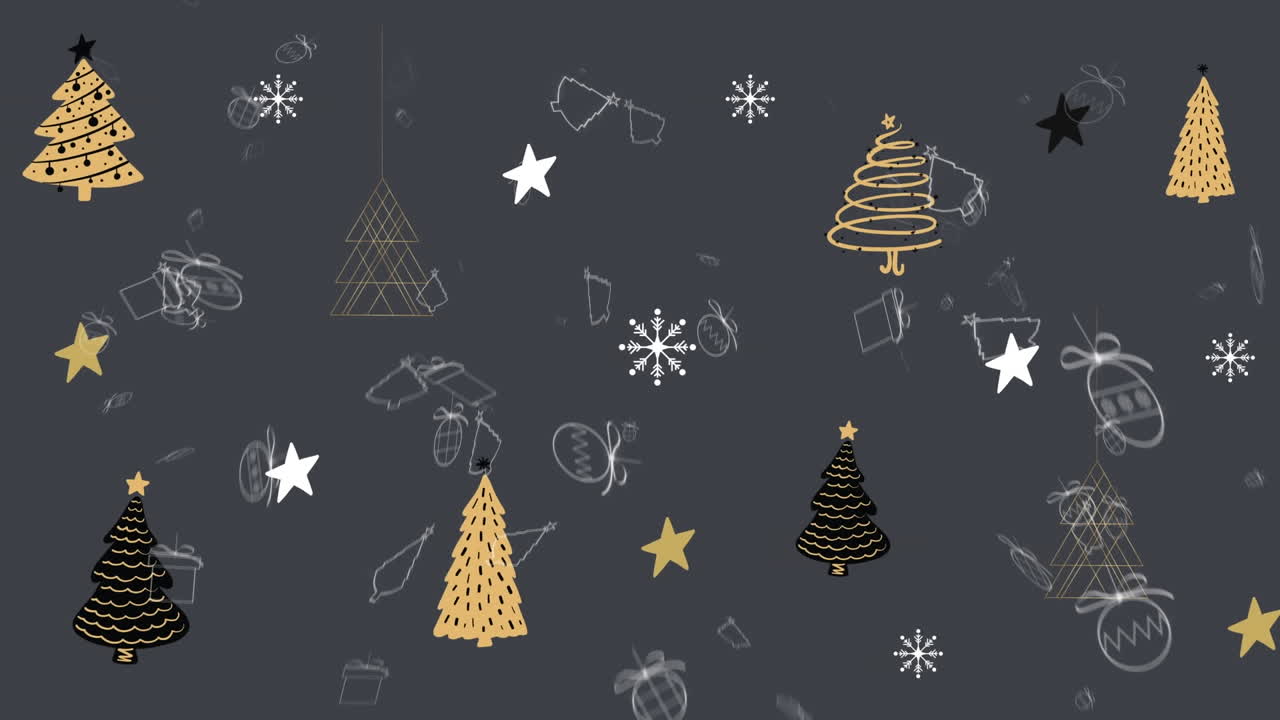 animación de decoraciones navideñas que caen sobre el paisaje navideño sobre un fondo gris