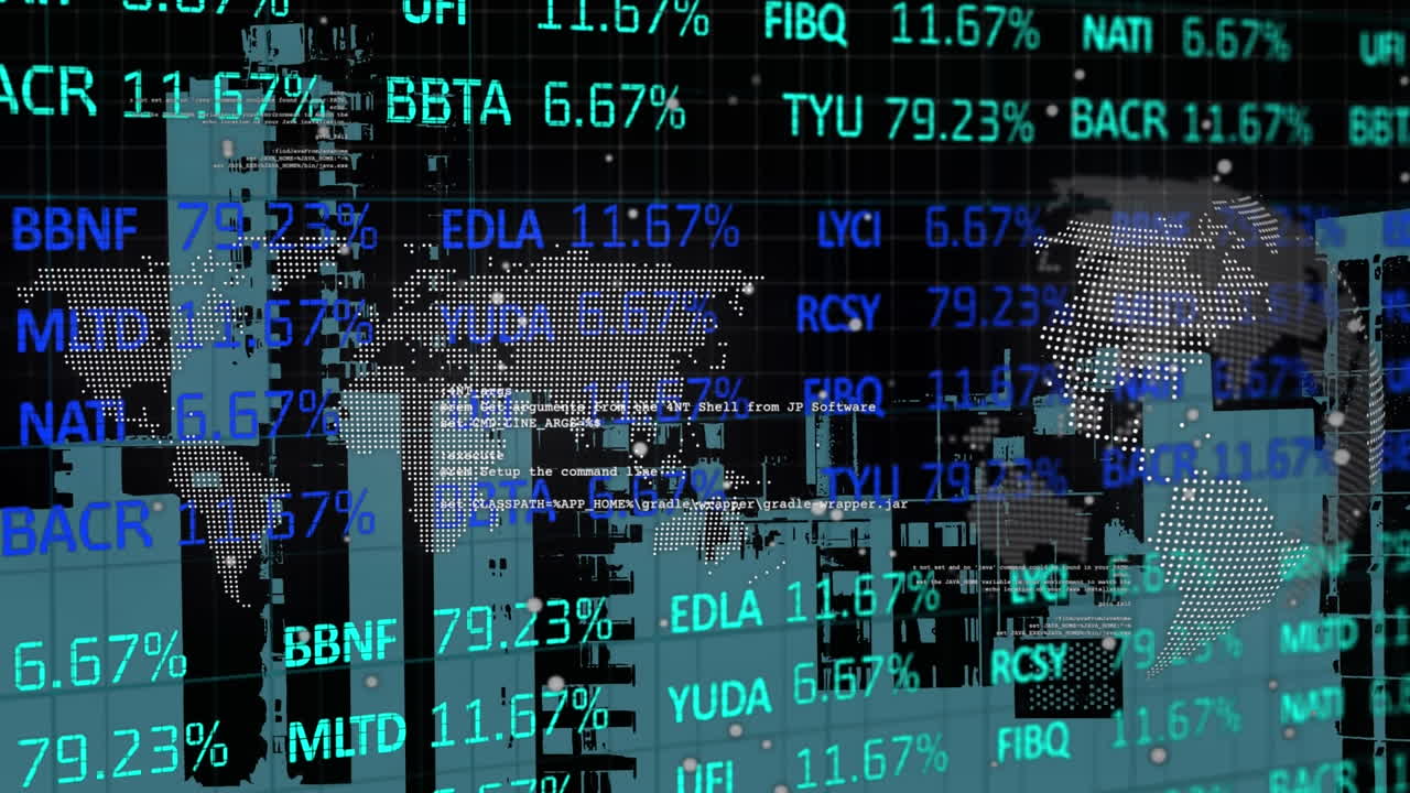 Digital animation of stock market data processing and 3d cityscape over spinning globe and world map