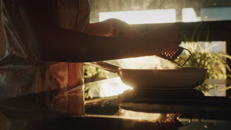 a woman in a dressing gown fries vegetables in a frying pan in her kitchen. the light from their window beautifully illuminates the electric stove in her kitchen.
