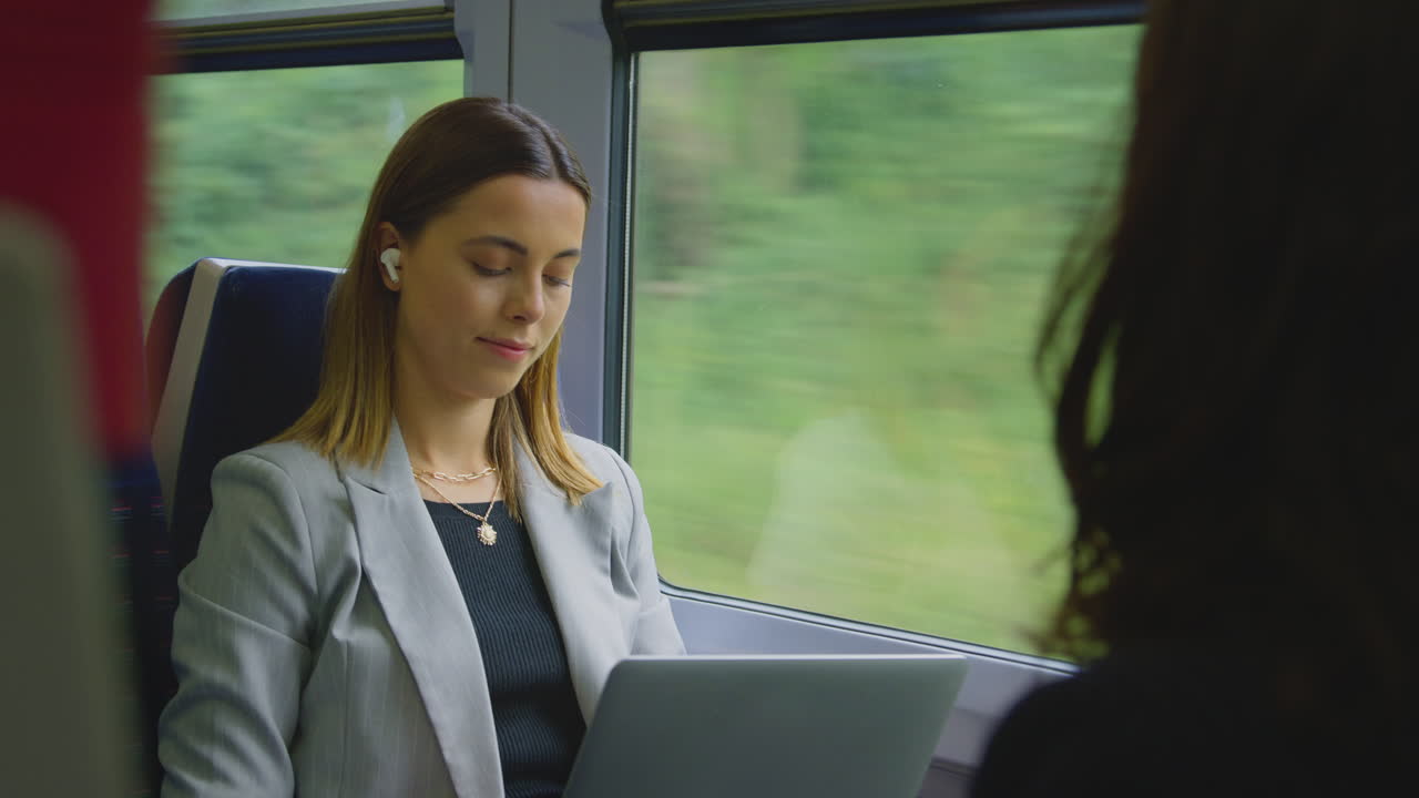 Businesswoman With Wireless Earbuds Commuting To Work On Train Working On Laptop