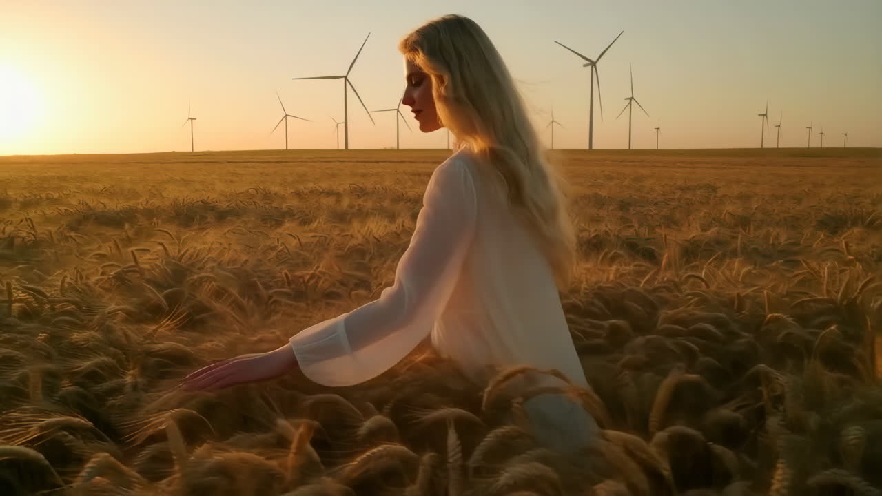 Blonde woman in wheat field at sunset with wind turbines