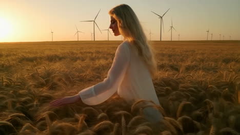 blonde woman in wheat field at sunset with wind turbines