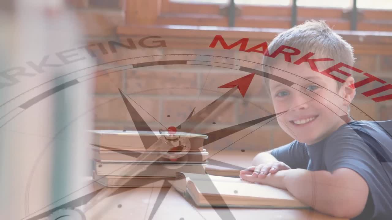 анимация компаса с текстом над книгой для читающих кавказских мальчиков.