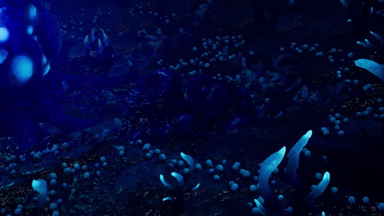 entorno alienígena azul con plantas alienígenas en movimiento, animación 3d, escena animada, girar la cámara