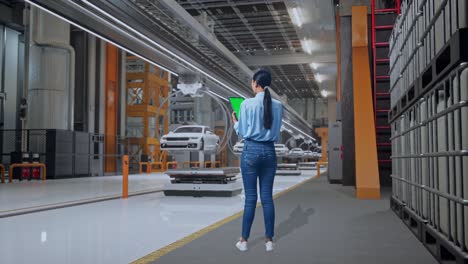 vista trasera completa del cuerpo de una trabajadora profesional asiática de pie con una tableta de pantalla verde en una fábrica de automóviles ev, una instalación industrial de alta tecnología