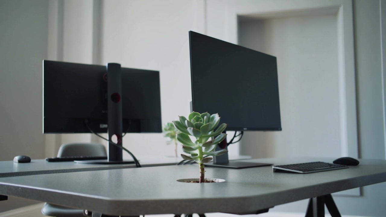 Subtle push moving camera forward and adjusting focus at modern office desk, showing succulent