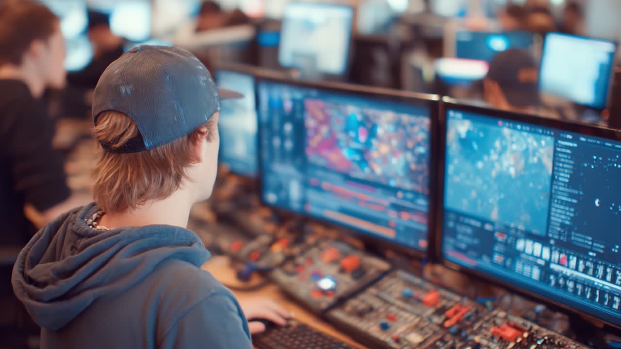 Un individuo concentrato immerso in un ambiente di gioco ad alta tecnologia, circondato da schermi multipli che mostrano grafiche dinamiche e immagini vivaci, catturando l'essenza dell'interazione digitale moderna