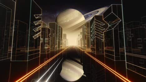 80s retrowave night city synthwave vj seamless loop with neon lights, saturn and stars. retro 80s style grid sun stars old tv screen animation background. vj retro-futuristic city. driving toward saturn with distant city skyline. 80s sci-fi.