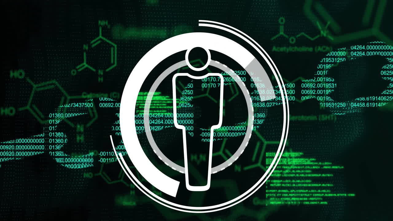 animación de icono humano y fórmula química sobre procesamiento de datos y cadena en fondo negro