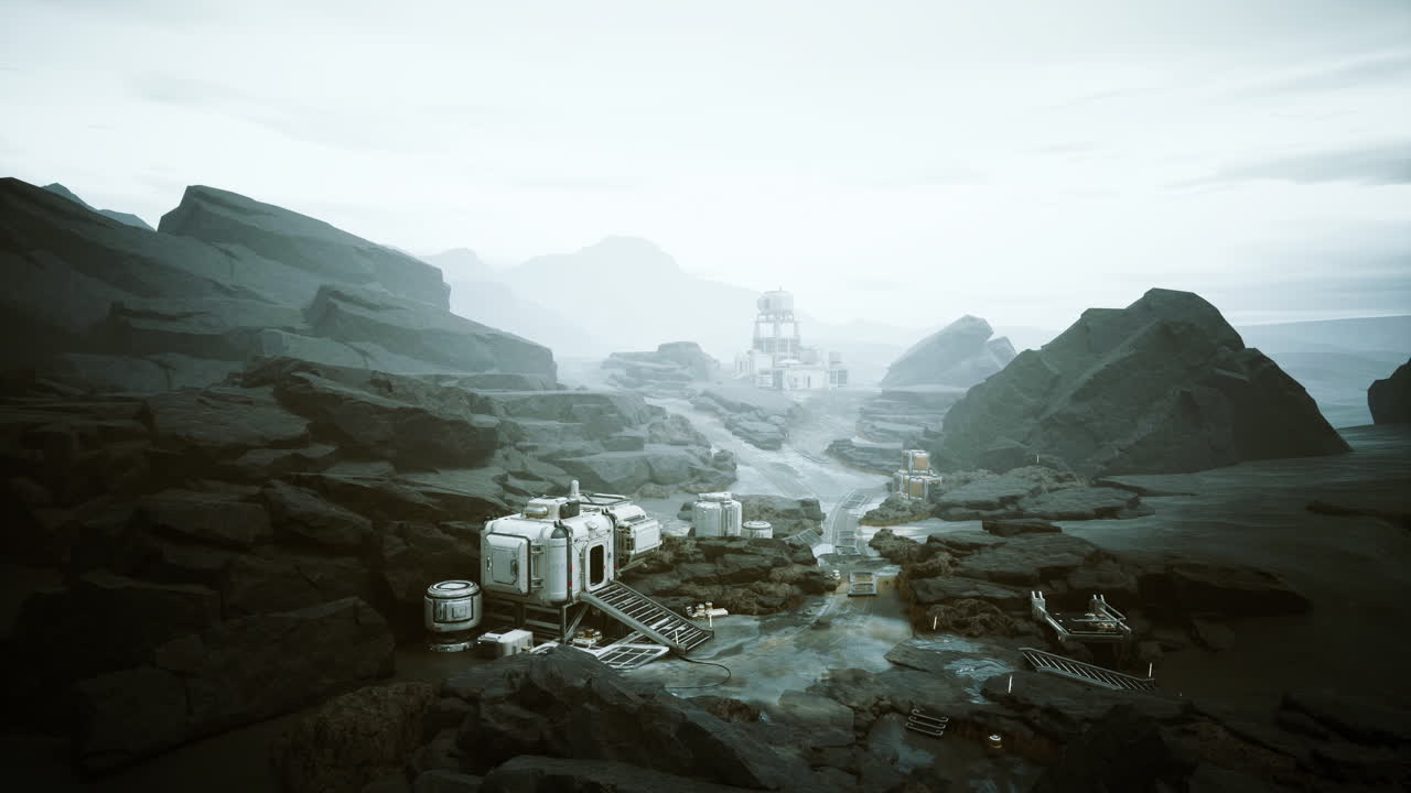 Dramatic scene of remote miners working in ancient fog bound hills