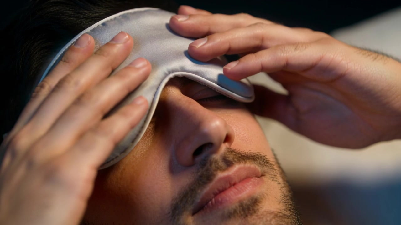 Settling onto pillow, adult man in sleepwear placing silk sleep mask over eyes, preparing for sleep