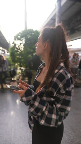 young woman using phone at train station