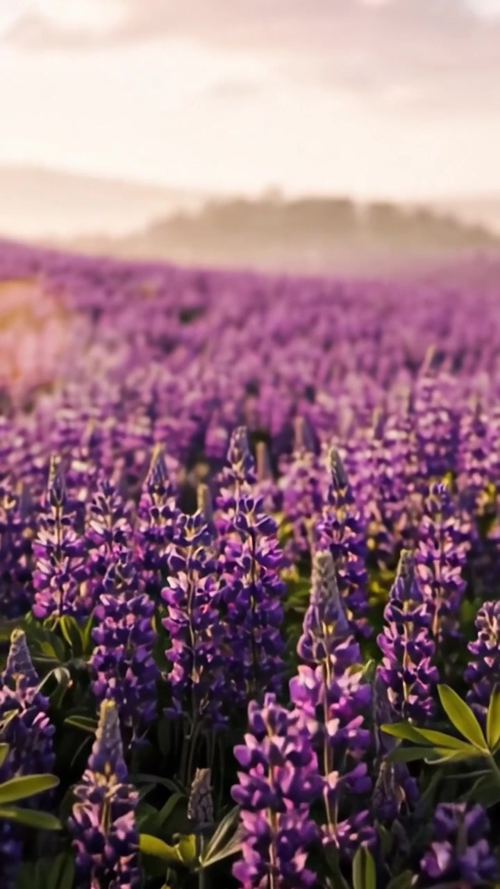 Una bellissima alba su un campo di lupini viola vibranti, catturando l'essenza della serenità della natura e l'inizio di un nuovo giorno.