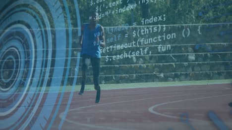 animación de datos digitales sobre hombre discapacitado afroamericano entrenando con cuchilla de correr