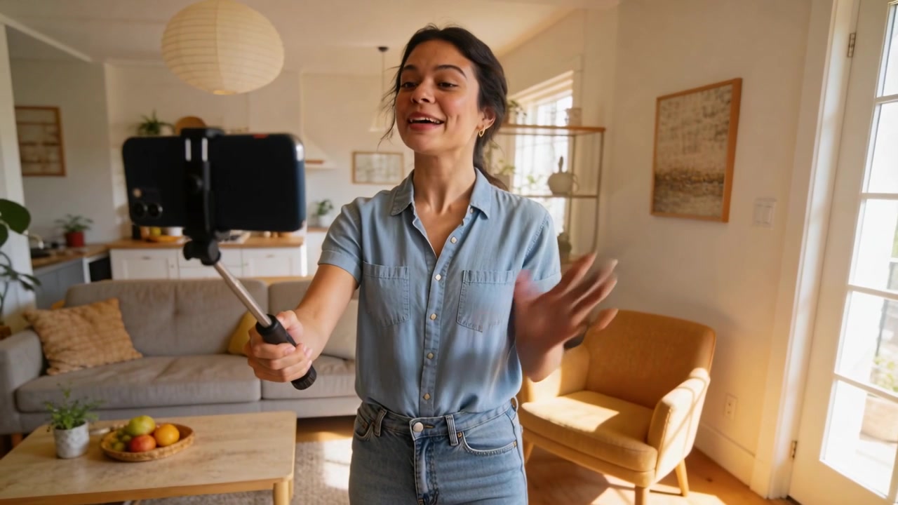 Una donna in camicia blu e jeans che registra, toccando 'registra' e gesticolando per un vlog in salotto con il telefono.