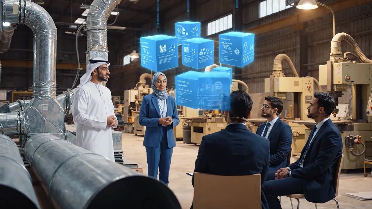 Middle Eastern Business Professionals Using Augmented Reality in Factory Meeting