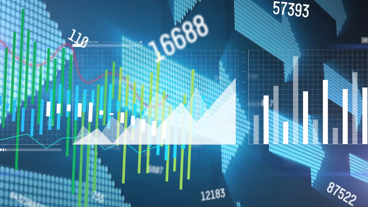 背景の照らされた矢印に対して複数のグラフで数字が変化するアニメーション