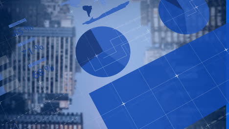 animation of blue color infographic interface over modern buildings against sky