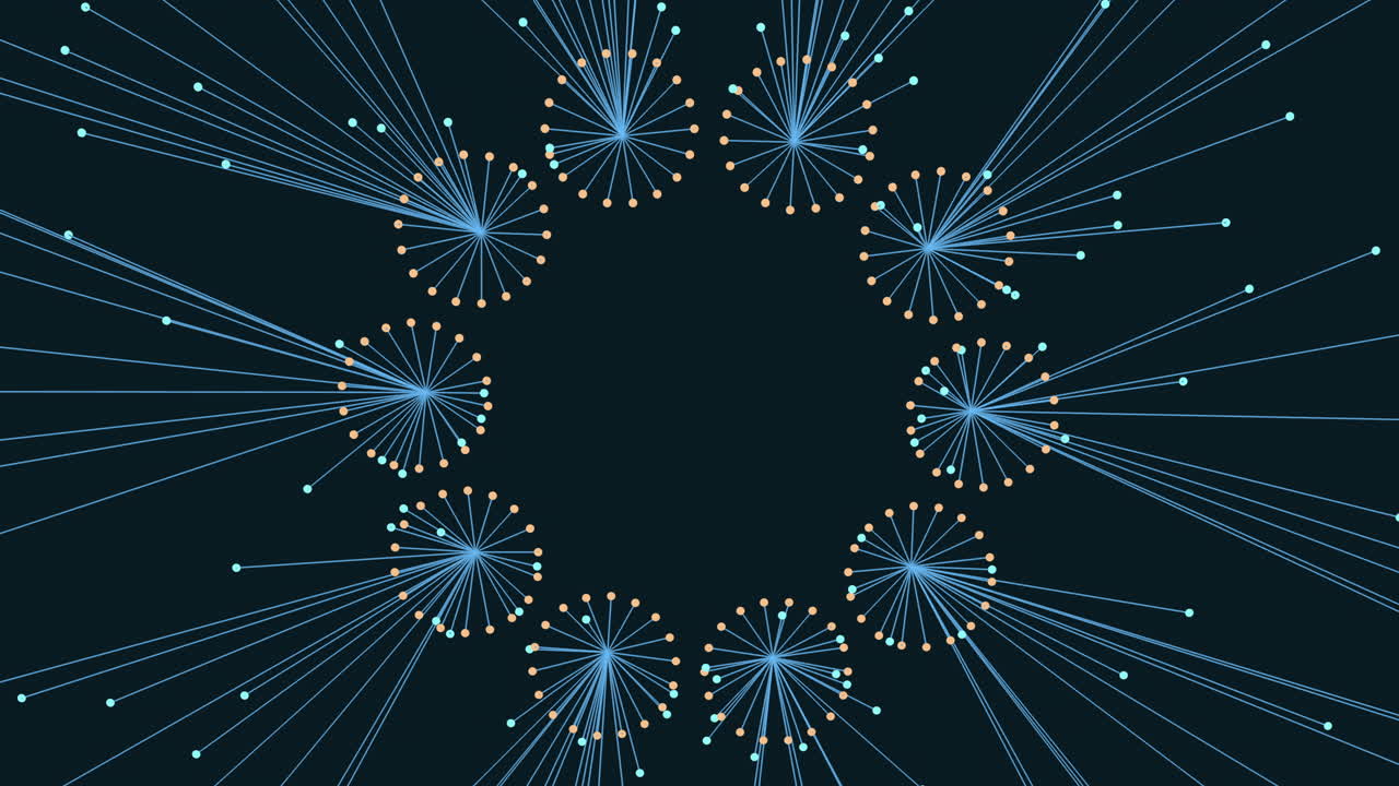 Circular pattern of lines and dots in a symmetrical design against a blue background. Each dot is connected by lines, creating an intricate formation within a perfect circle shape
