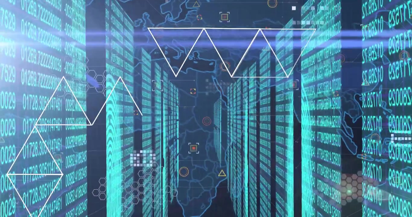 Animation of world map over screens with binary coding and biometric fingerprint scanner