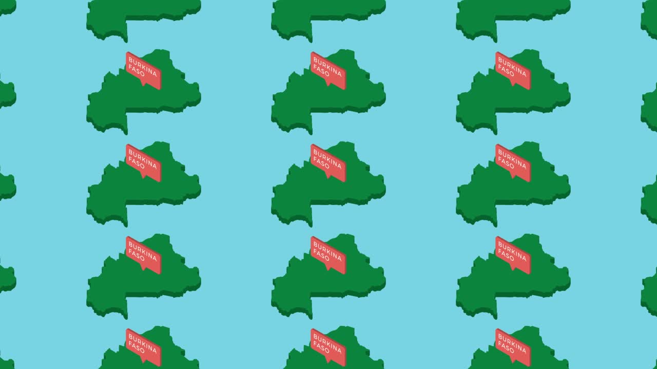 푸른 배경에 오렌지색 포인터를 가진 아프리카 국가 부르키나 파소의 초록색 이소메트릭 지도. 가짜 3d 지리적 지도 개념의 원활한 루프 수평 움직임