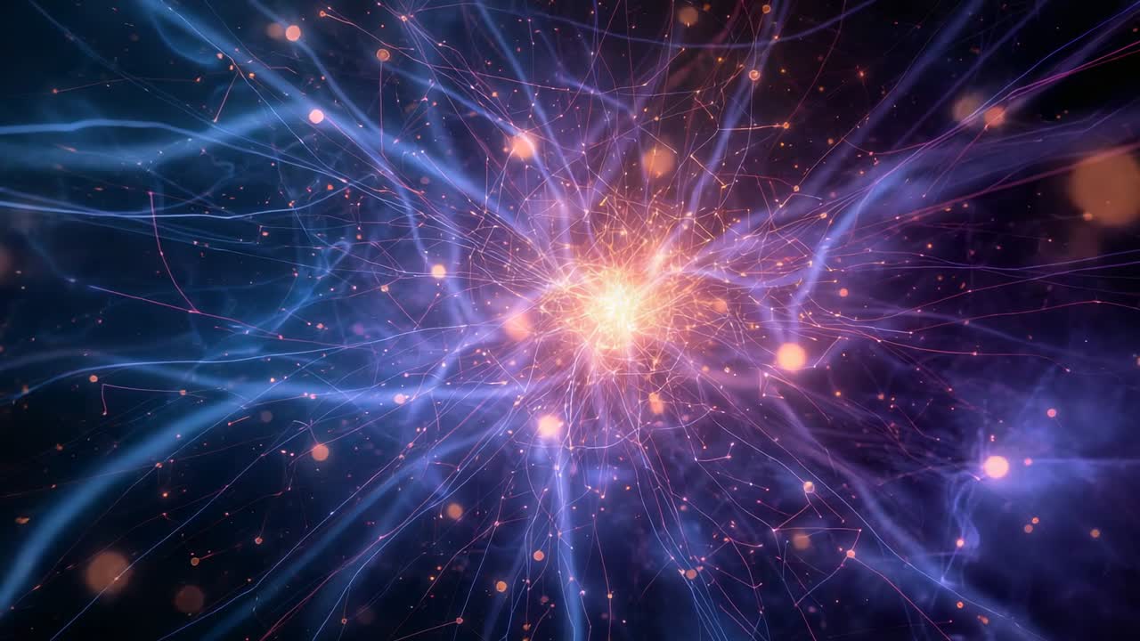 Nucleo centrale ambra pulsante che si illumina nel vuoto scuro, alimentando filamenti e particelle verso l'esterno