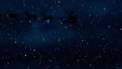 Animation-of-santa-claus-in-sleigh-with-reindeer-over-snow-falling-and-sky