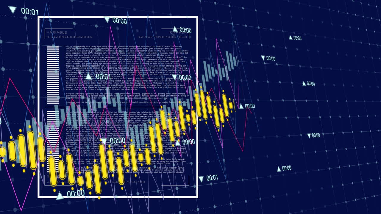 Animation of data over multiple graphs with changing numbers against abstract background