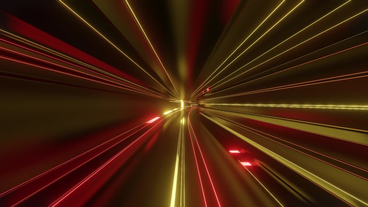 네온 조명, 카메라가 터널을 날아다니며, 네온 조명이 박이는 사이버 크 또는 하이테크 미래의 스타일의 공상과학 소설 빨간 오렌지 배경.