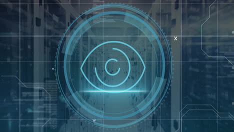 animación del icono del ojo con procesamiento de datos digitales a través de servidores informáticos