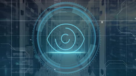 animation of eye icon with digital data processing over computer servers