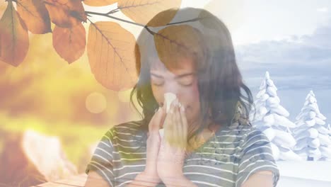 Woman-sneezing-while-suffering-from-allergy-against-autumn-leaves-4k