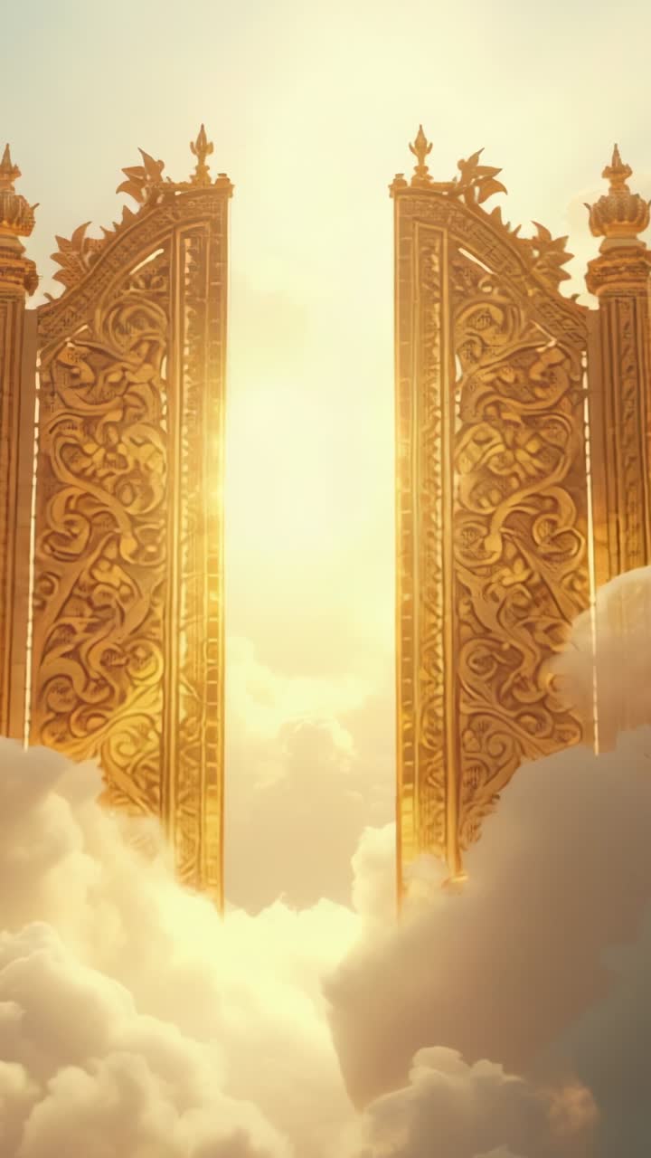 Vertical video: Parting golden gates sliding open above clouds at sunrise, welcoming morning light