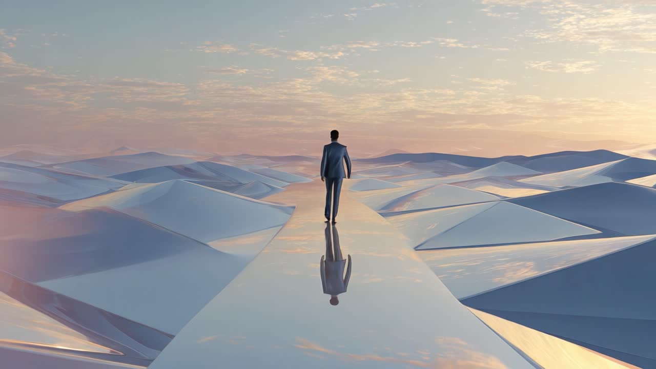 A businessman walking confidently on a path in a surreal desert landscape