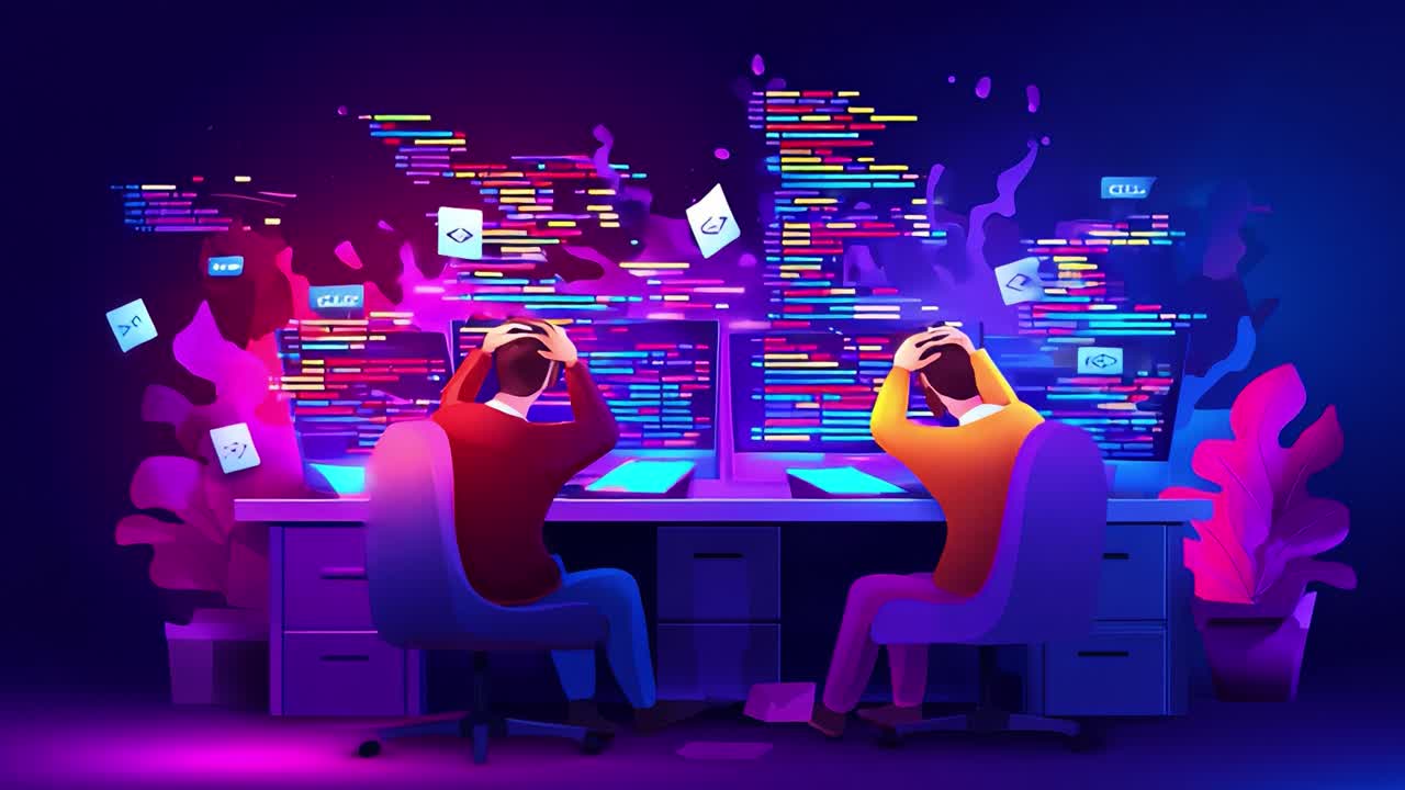Frustration of Programmers: A Visual Representation of Coding Challenges and Debugging Troubles in a Colorful Digital Environment Full of Syntax Errors and Confusion