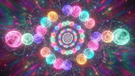 a mesmerizing spiral of colorful energy spheres surrounding a radiant core, creating a dynamic flow of light and motion in an abstract visual experience