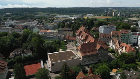 aerial of a small town in switzerland