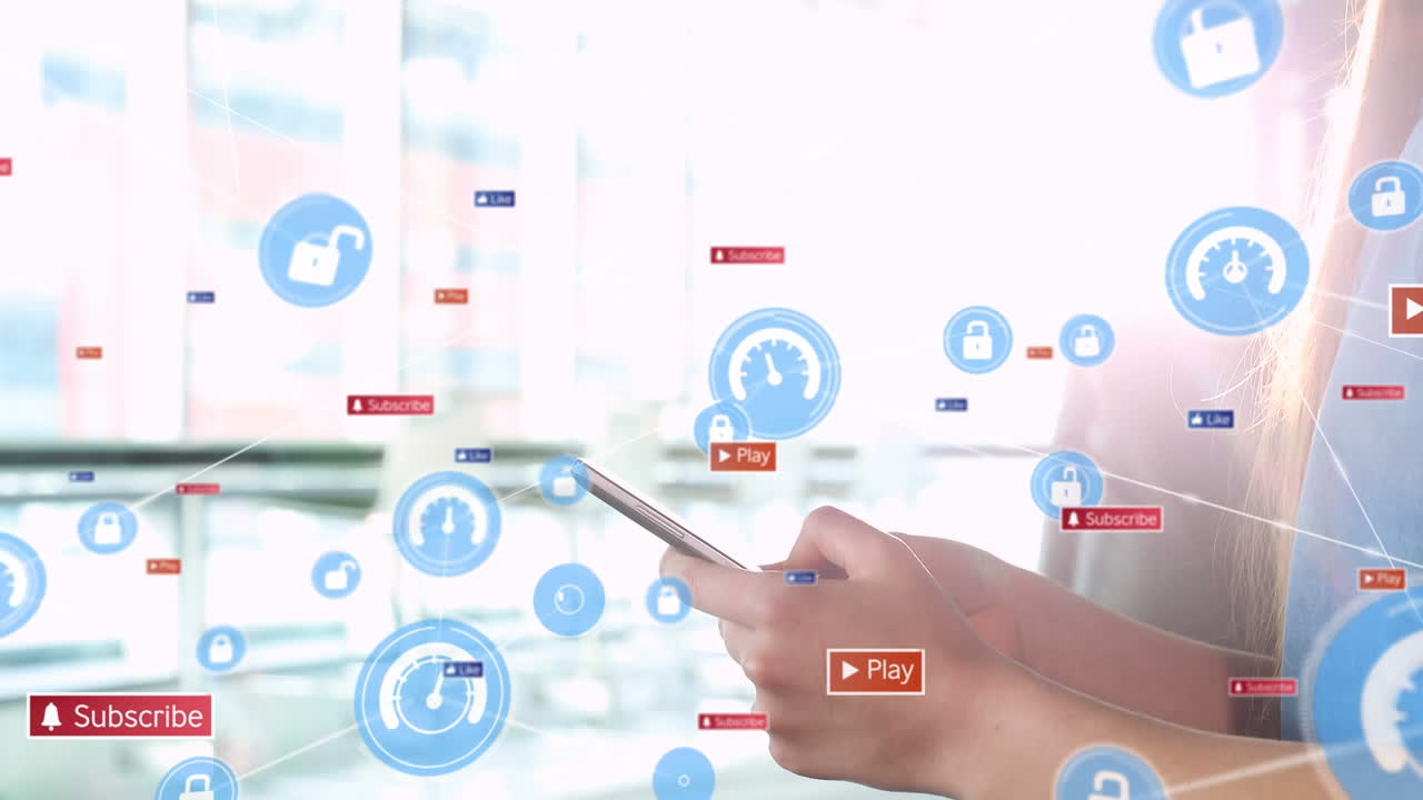 스마트폰을 사용하는 백인 여성에 대한 미디어 아이콘과의 연결 네트워크의 애니메이션