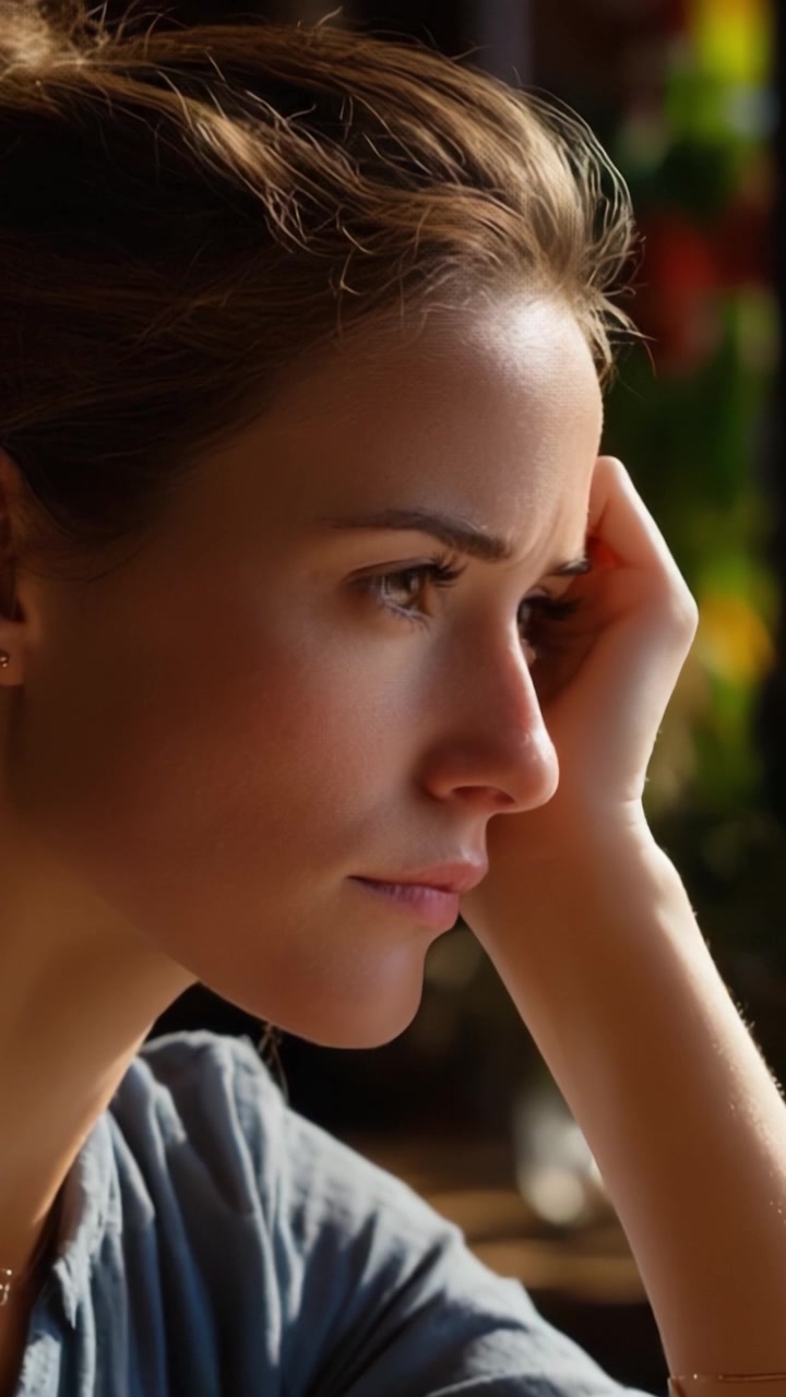 A contemplative moment captured in two frames: a close-up of a woman's profile displaying deep thought and tranquility in a softly lit environment.
