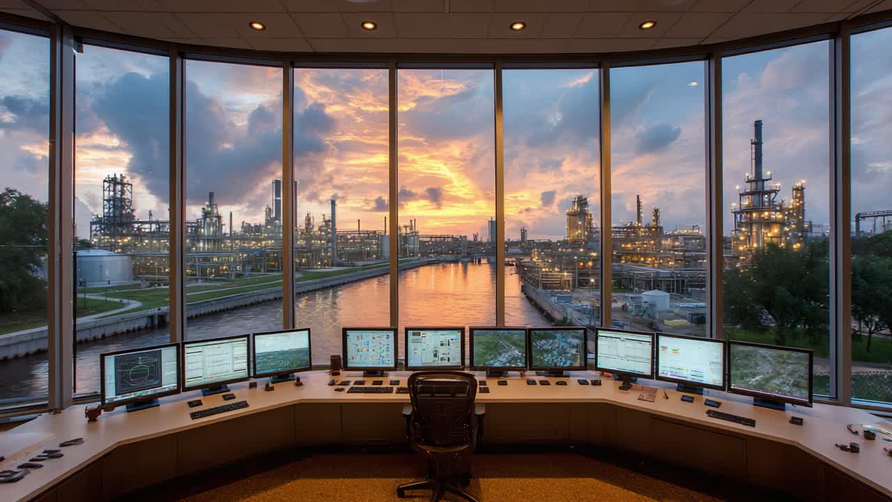 A Breathtaking View of an Industrial Control Room Overlooking a Stunning Sunset with Reflections on the Water, Contrasting Nature and Technology