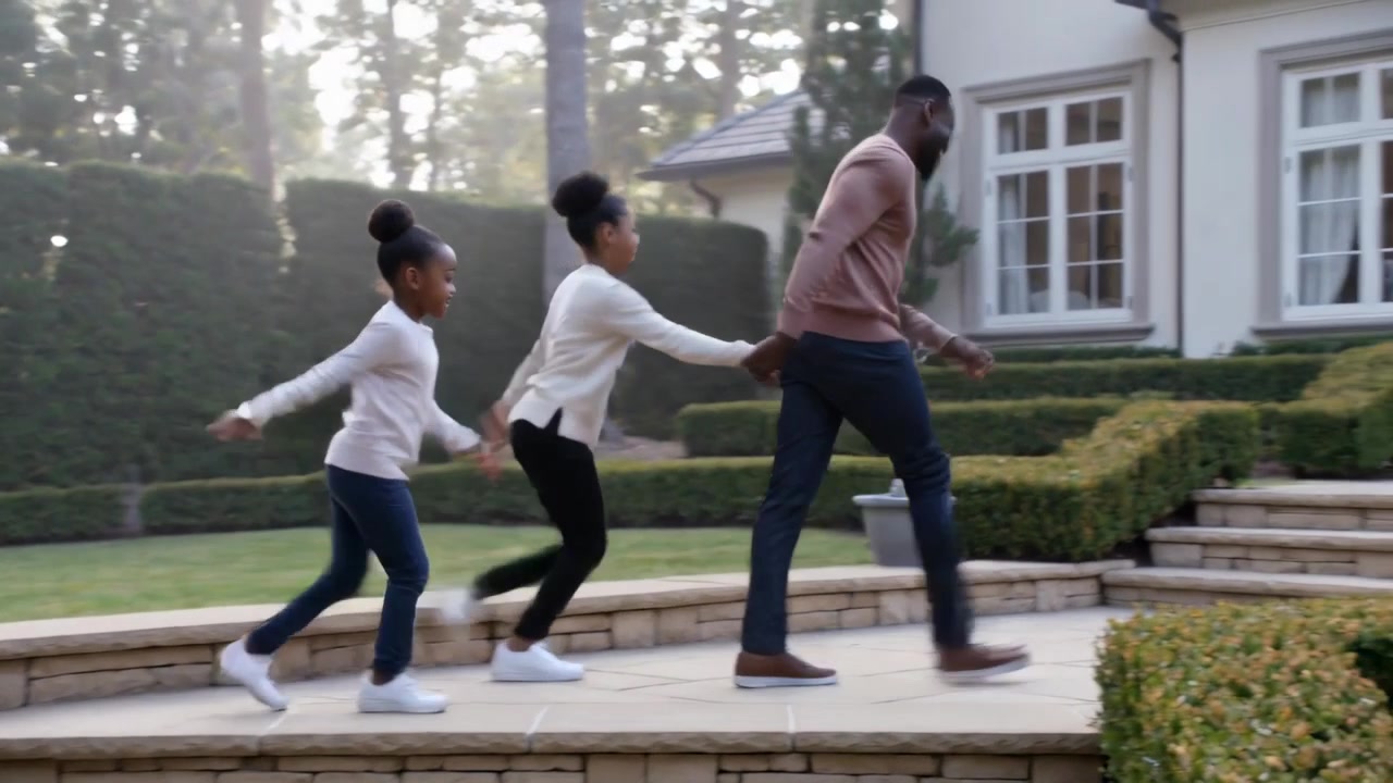 Standing up father and daughters walking up stone steps to enter house, in sweaters and sneakers