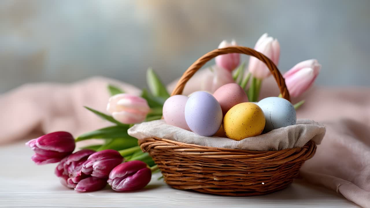 Beautifully arranged Easter eggs in a wicker basket surrounded by colorful tulips, capturing the essence of spring and celebration in a serene setting