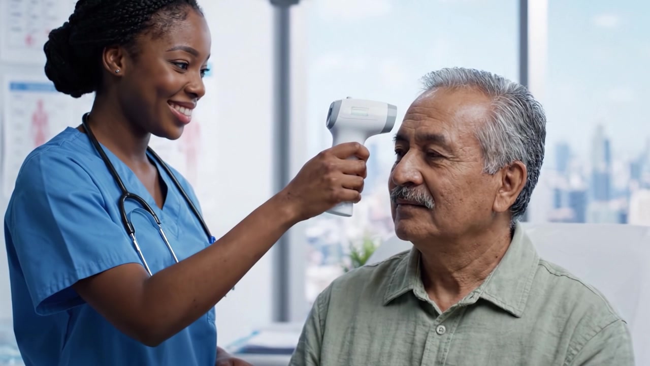 A caring healthcare professional interacting with an elderly patient in a modern medical setting, showcasing compassion and patient-centered care with city skyline in the background.