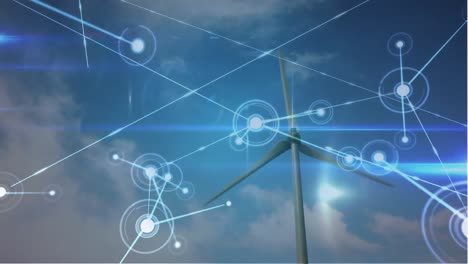 Animation-of-network-of-connections-over-wind-turbine-and-sky