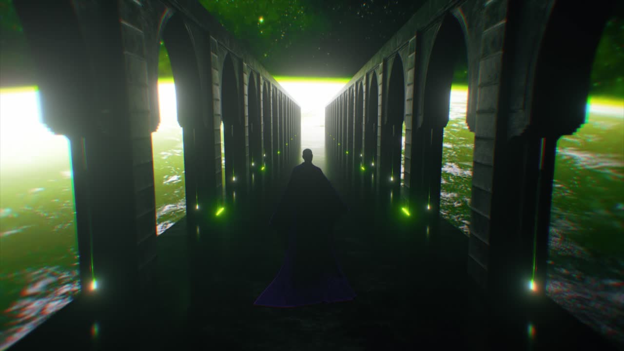 우주 통로에서 외로운 인물