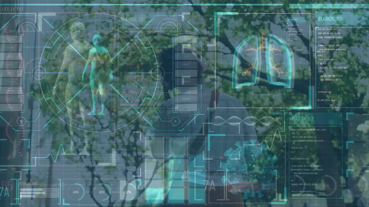 animación del procesamiento de datos médicos sobre una mujer biracial con máscara facial utilizando un teléfono inteligente